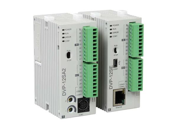 DVP-SE series slim type PLC offers SA2 features with In-built Ethernet with bigger program capacity and executing efficiency, offering 100 kHz high-speed output and counting functions. It is extendable with DVP-S series left-side and right-side extension modules.● The most complete network type slim PLC in the industry● Provides 8 digital inputs and 4 digital outputs● Built-in mini USB, Ethernet, and RS-485*2 ports● Program capacity: 16k steps● Data register: 12k words● Higher execution speed compared to the competition: LD: 0.64μs, MOV: 2μs● Built-in Ethernet supports MODBUS TCP and Ethernet/IP● IP Filter function is a firewall that offers the first line of defense and provides protection from malware and network threats● Supports DVP-S series left-side and right-side modules● No battery is required. Maintenance-free. (Real time clock operates for 15 days after power off)