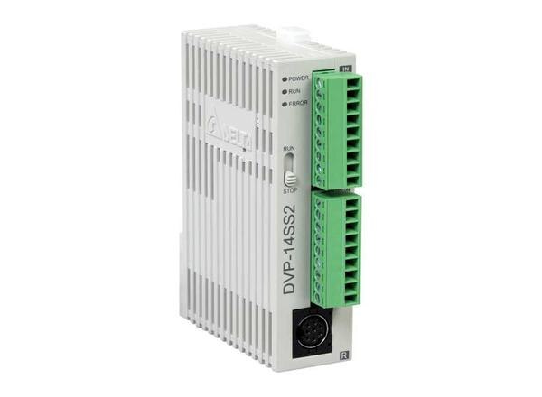 The 2nd generation DVP-SS2 series slim type PLC keeps the basic sequential control functions from the DVP-SS series PLC but with faster execution speed and enhanced real-time monitoring capability.● MPU points: 14 (8DI + 6DO)● Max. I/O points: 494 (14 + 480)● Program capacity: 8k steps●COM port: Built-in RS-232 & RS-485 ports, compatible with Modbus ASCII/RTU protocol. Can be master or slave.● High-Speed Pulse Output: Supports 4 points (Y0 ~ Y3) of independent high-speed (max. 10kHz) pulse output● Supports PID Auto-tuning: DVP-SS2 saves parameters automatically after the PID auto temperature tuning is completed.● Built-in High-Speed Counters : 1 Phase – 4 points 10KHz (20KHz Bandwidth) & 2 Phase – 2 points 5KHz (20KHz Bandwidth)