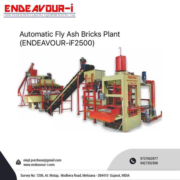 o Automatic Fly Ash Bricks Machine (ENDEAVOUR-iFBP2500) Major Units: Pan Mixer, In Mould Pressing Type Automatic Hydraulic Bricks Press, Hydraulic Power Pack, PLC Based Control Panel Production Capacity: 6 Bricks per Stroke / 2300-2500 Bricks per Hour Pan Mixer Capacity: 600 Kgs per Batch X 2 Mixers Hydraulic Bricks Press Capacity: 90 MT Max. Total Connected Power: 36 HP/27 KW