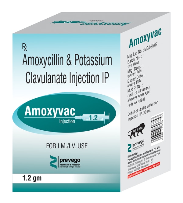 AMOXYVAC 1000mg/200mg Injection is a penicillin-type of antibiotic that helps your body fight infections caused by bacteria. It is used to treat infections of the lungs (e.g., pneumonia), ear, nasal sinus, urinary tract, skin, and soft tissue. It will not work for viral infections such as the common cold.
