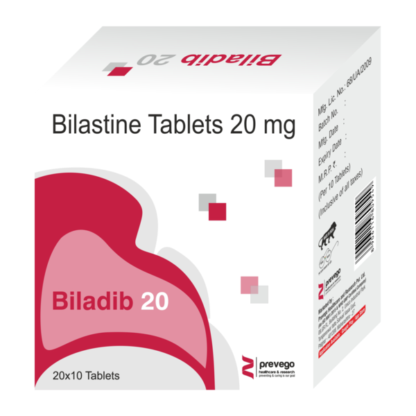 BILADIB 20 Tablet belongs to a group of medicines known as antihistamines. It is used in the treatment of allergy symptoms such as runny nose, stuffy nose, sneezing, watery eyes, and congestion or stuffiness.
