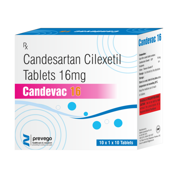 CANDEVAC 16mg Tablet is a medicine used to treat high blood pressure and heart failure. Lowering blood pressure helps to prevent future heart attacks and stroke. This medicine is also effective in preserving kidney function in patients with diabetes.