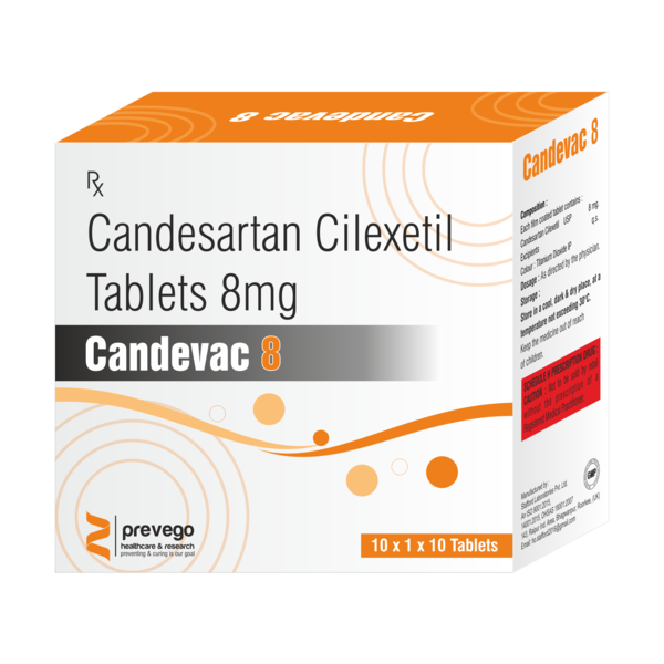 CANDEVAC 8mg Tablet is a medicine used to treat high blood pressure and heart failure. Lowering blood pressure helps to prevent future heart attacks and stroke. This medicine is also effective in preserving kidney function in patients with diabetes.