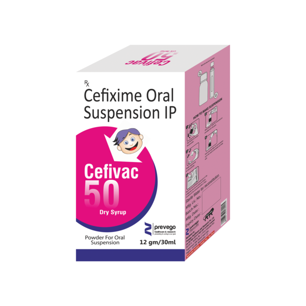 CEFIVAC 50mg Syrup is an antibiotic medicine. It is commonly given to children to treat a wide range of bacterial infections targeting the ear, eyes, nose, throat, lungs, skin, gastrointestinal tract, and urinary tract. It can also be used in treating uncomplicated typhoid fever in children and adolescents.