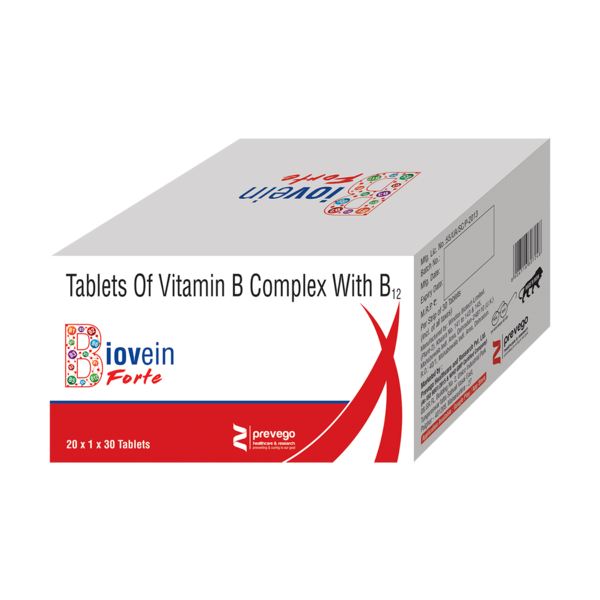 BIOVEIN Forte is a health supplement which helps to provide relief from common vitamin B deficiencies such as fatigue, tiredness, low energy, numbness, burning sensation, etc. It contains vitamin B1, B2, B3, B5, B6, biotin (B7), folic acid, and B12, along with vitamin C and E as well. It helps in the formation of red blood cells and also promotes healthy cells, prevents cell damage, and maintains a healthy nervous system. This formula is categorized for energy, immune support, and relief from fatigue.