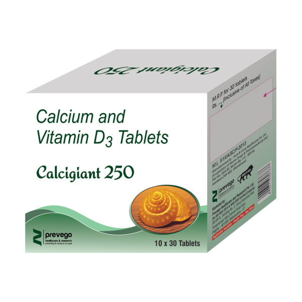 CALCIGIANT 250MG Tablet is a nutritional supplement used in the treatment of calcium deficiency. It is prescribed when your diet alone cannot provide the necessary calcium your body needs. It increases the absorption of calcium and helps to prevent or treat low blood calcium levels.