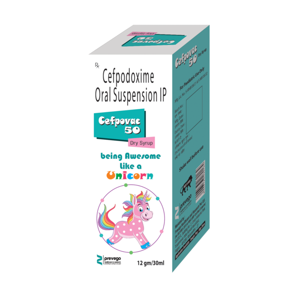 CEFPOVAC 50 Dry Syrup is an antibiotic medicine. It is commonly given to children for the treatment of a wide range of bacterial infections targeting the ears, eyes, nose, throat, lungs, skin, gastrointestinal tract, and urinary tract. It is also effective in treating typhoid fever in children and adolescents.