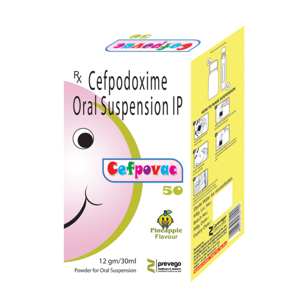 CEFPOVAC 50 is an antibiotic medicine. It is commonly given to children for the treatment of a wide range of bacterial infections targeting the ears, eyes, nose, throat, lungs, skin, gastrointestinal tract, and urinary tract. It is also effective in treating typhoid fever in children and adolescents.