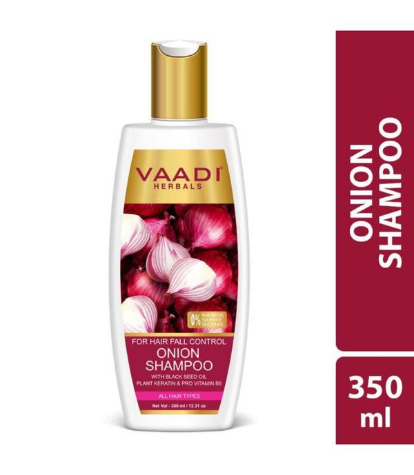 Vaadi Herbals Onion Shampoo is an effective hairfall control shampoo infused with red onionextract with antioxidant properties that nourishthe scalp and roots while rejuvenating the weakened hair shaft. The presence of keratin and panthenol ensure that the scalp and hair remain conditioned and help make hair look healthy and lustrous with each use.Features:- Anti-hair fall shampoo that effectively cleanses scalp and helps reduce hair fall- Enriched with black seed oil, plant keratin and pro vitamin B5- Helps nourish scalp and strengthen hair follicles- Gives you soft, smooth and healthy looking hair- Free from parabens, silicones, and mineral oil- Suitable for all hair typesKey Ingredients:- Onion Extract: It is rich in flavonoids, helps strengthen strands, and improves hair growth.- Black Seed Oil: Effectively reduces hair loss and dandruff.- Plant Keratin: Has protective protein and maintains moisture balance in the scalp.- D-panthenol: Known as vitamin B5 Smoothes and tames hair.Full Ingredient List: Red Onion Seed (Allium Cepa) Oil Extract, Black Seed Oil, D Panthenol (Pro-Vitamin B5), Plant Keratin, Vitamin E, Coconut Oil Derivative, Sweet Almond oil (Prunus Amygdalus Dulcis), Liquorice Root Extract, Dm Water (Aqua).How to use:- Take a small quantity of the Onion Shampoo and lather up.- Apply to wet scalp and hair and massage it gently into the scalp.- Rinse and repeat if required.- For best results, follow with Vaadi HerbalsOnion Conditioner.