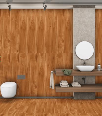 Mahogany Vitrified Tiles, size 200x1000mm, emulate the timeless allure of Mahogany wood. Elevate your space with their rich, reddish-brown tones and exquisite grain patterns, exuding elegance and class.