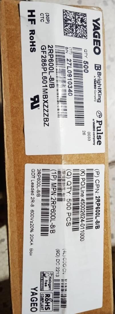 YAGEO  2RP800L-8/TRGas Discharge Tube (GDT), 2R-8*6 Series, 800 V, Axial Leaded, 20 kA, 