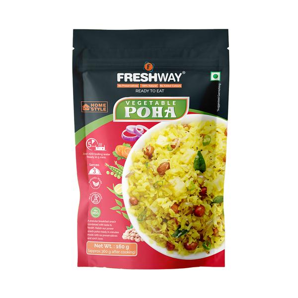 (Net Weight : 160 gms : Rehyderated Weight : 360 gms approx.)

Best Before : 9 Months from date of manufacture.

Ingredients
Rice Flakes (Poha), Mustard Seeds, Dry Coriander Leaves, Cumin, Turmeric Powder, Curry Leaves, Asofoetida, Green Chili, Peanuts, Sugar, Dehydrated Onion Flakes, Dehydrated Vegetables, Edible Oil (Cotton Seed Oil), Iodized Salt & Citric Acid (INS 330).

Precautions:
Store in Cool & Dry place.
Once opened consume completely.
Correct quantity of water is important. Excess / Less water may change the desired results

Allergen Advice
This product is made in a facility that process food containing wheat, mustard seeds, celery, soya, treenuts, penuts and milk components.

NORMAL COOKING:

Step 1: Empty the entire content of this pouch in the flat bottom medium sized vessel / bowl.

Step 2: Take 200 ml (approx. 1 cup) of water OR cut the empty pouch along the dotted line below. Measure water upto the dotted line, boil it and add the boiling water to the Poha mix and stir well.

Step 3: Close the vessel / bowl with lid & wait for 5-6 minutes. Do not keep the vessel / bowl on stove.

Step 4: Open the lid, stir well , garnish with Coriander, dash of lemon, chopped onions &sevnamkeen to enjoy your snack.

MICROWAVE COOKING:

Step 1: Empty the entire content of this pouch in the flat bottom microwave safe vessel / bowl.

Step 2: Take 200 ml (approx. 1 cup) of water OR cut the empty pouch along the dotted line below. Measure water upto the dotted line, and add the normal water to the Poha mix and stir well, and microwave it for 2 minutes.

Step 3: Remove the vessel / bowl from the microwave, close with lid and wait for 5-6 minutes.

Step 4: Open the lid, stir well, garnish with Coriander, dash of lemon, chopped onions &sevnamkeento enjoy your snack.