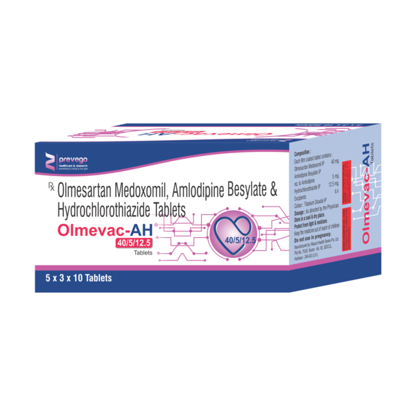 OLMEVAC AH 40mg/5mg/12.5mg Tablet is a combination of medicines used to treat hypertension (high blood pressure) when a single medication is not effective. It helps to lower high blood pressure thus reduces chances of future heart attack and stroke.
