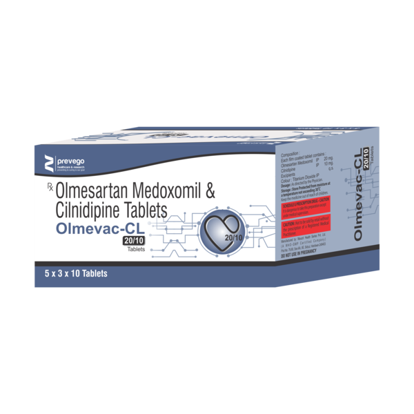 OLMEVAC CL 20 Tablet contains two medicines, both of which help to control high blood pressure. It lowers the blood pressure by relaxing the blood vessels and making it easier for your heart to pump blood around your body. This will reduce your risk of having a heart attack or a stroke