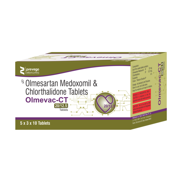 OLMEVAC CT 20 mg/12.5 mg Tablet is a combination of two medicines. It helps to control high blood pressure in different ways. If high blood pressure is not treated it can lead to heart attacks, strokes and kidney failure.