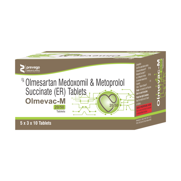 OLMEVAC M 20mg/50mg Tablet is a medicine used for treating high blood pressure. By lowering the blood pressure, it helps in preventing future heart attack and stroke. Early treatment with this medicine also improves chances of survival in patients of heart attack.