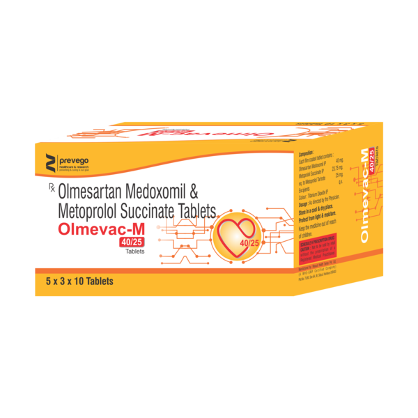 OLMEVAC M 40mg/25mg Tablet ER is a medicine used for treating high blood pressure. By lowering the blood pressure, it helps in preventing future heart attack and stroke. Early treatment with this medicine also improves chances of survival in patients of heart attack.