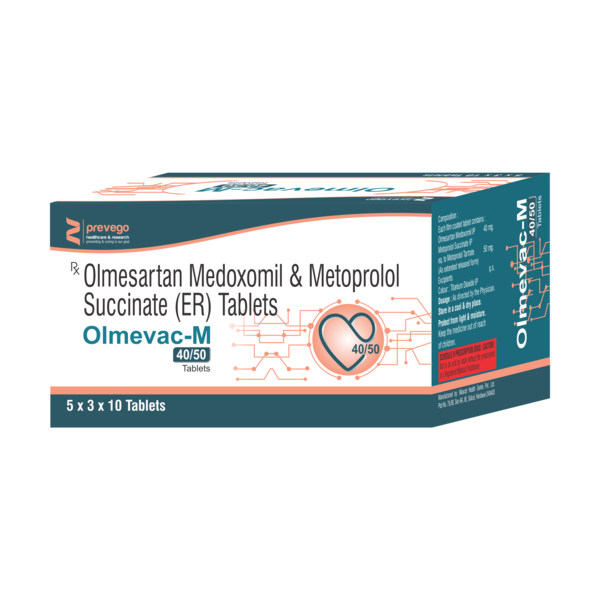 OLMEVAC M 40mg/50mg Tablet ER is a medicine used for treating high blood pressure. By lowering the blood pressure, it helps in preventing future heart attack and stroke. Early treatment with this medicine also improves chances of survival in patients of heart attack.