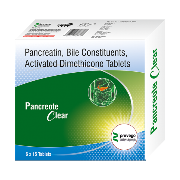 PANCREOTE CLEAR 192mg/25mg/40mg Tablet is a combination medicine used in the treatment of pancreatic enzyme deficiency. It helps treat indigestion, disintegrates gas bubbles and allows easy passage of gas.