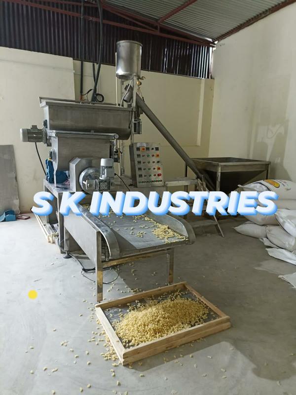 Screw Conveyor Easy to operate and maintain. Contact parts are food grade.Standard parts ensure long life.AC Geared Motor : 2.0 HP.Size of Conveyor : 12 feet long.M O C : Stainless Steel 304.Electric supply : 415 V / 50 Hz. Online Mixer Easy to operate and maintain. Contact parts are food grade.Standard parts ensure long life.Mixer capacity : Online mixer.AC Geared Motor : 3 HP. (Make: CG / ABB) Material of drum : Stainless Steel 304.Size of mixture : 16 X 20 X 48 inches.M O C : Stainless Steel 304.Electric supply : 415 V / 50 hz. Macaroni Pasta Extruder300 kg/h Easy to operate and maintain. Contact parts are food grade.Standard parts ensure long life.AC Motor : 20 HP. (Make: CG/ABB)Capacity : 300-350 kg/h.Gear Box : Make: Premium. A C Geared motor : 2 HP for hopper.A C Motor : 3 HP For vacuum pump.A C Geared Motor : 0.5 HP for cutter.M O Screw & Barrel : Mild steel with hard chroming.M O C : Painted Mild Steel with S S claddingCooling System : Yes. Water coolingElectric supply : 415 V 50 Hz 4 wireElectric control panel fully automatic.Main motor speed variable.Cutter motor speed variable.Temperature controller automatic.All motor & Gear box is of Reputed company.Vibro feeder Easy to operate and maintain.Contact parts are food grade.Standard parts ensure long life.Vibro Motor : 1.0 HP (Make: CG)Size of feeder trey : 5 Feet length X 2.5 Feet widthM O Trey : Stainless steel 304 Perforated.M O Constriction : Painted Mild Steel.Electric supply : 415 V 50 Hz 4 wire
