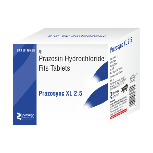 PRAZOSYNC XL 2.5 Tablet is used to treat high blood pressure and lower your risk of having a heart attack or stroke. It is also used in the treatment of heart failure and mild enlargement of the prostate gland.