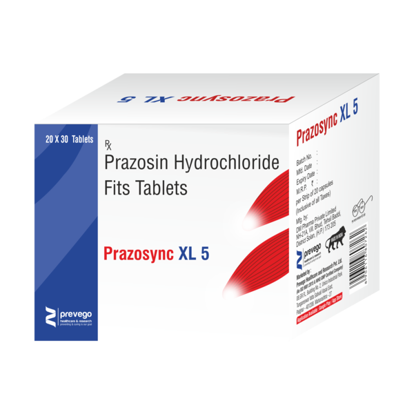 PRAZOSYNC 5 XL Tablet is used to treat high blood pressure and lower your risk of having a heart attack or stroke. It is also used in the treatment of heart failure and mild enlargement of the prostate gland.