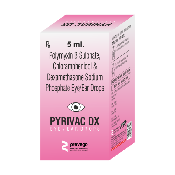 PYRIVAC D Eye/EAR Drop is a combination of three medicines. It is used in treating bacterial infections of the eyes. It kills the bacteria that cause infection. It also relieves pain, itching, discomfort, and irritation.