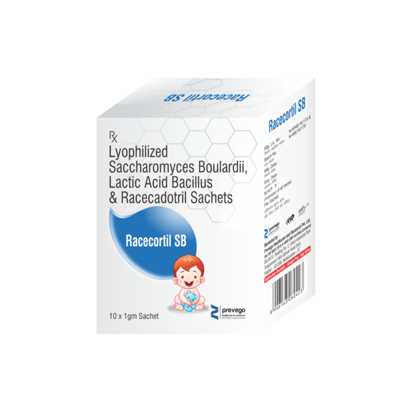 RACECORTIL SB SACHETS contains three medicines. It helps relieve the symptoms of acute diarrhea in infants and children. RACECORTIL SB SACHETS reduces the amount of water and salts that are lost in the stools. This medicine is usually given when fluids and dietary measures fail to prove effective against the symptoms of diarrhea.
