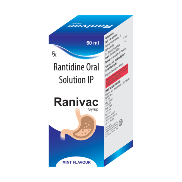 RANIVAC Syrup is a medicine that reduces the amount of acid your stomach makes. It is used to treat and prevent heartburn, indigestion, and other symptoms caused by too much acid in the stomach. It is also used to treat and prevent stomach ulcers, reflux disease, and some rarer conditions.