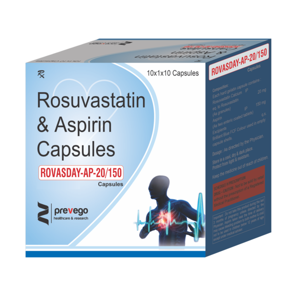 ROVASDAY AP 20mg/150mg Capsule is a combination of two medicines used to prevent heart attack and stroke. This medicine reduces the