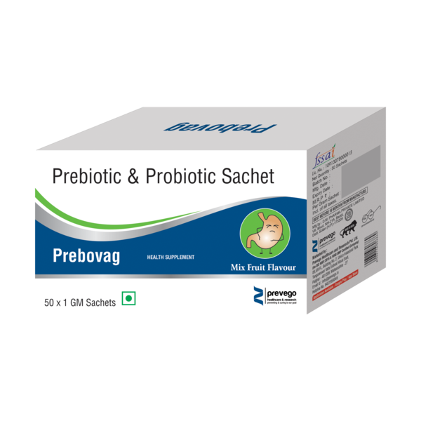 PREBOVAG Sachet is a prebiotic and probiotic sachet which contains Lactobacillus as the active ingredients. It is used to treat loose stools (diarrhea). It is used to ease too much gas in the stomach and maintains the normal balance of bacteria in the GI tract.