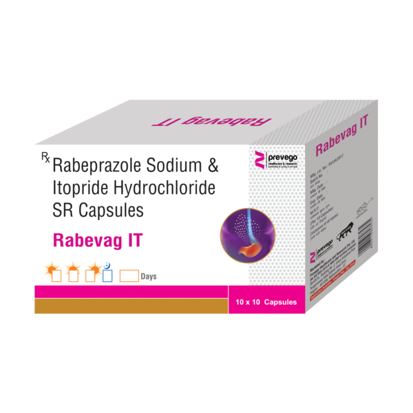 RABEVAG-IT Capsule is a combination medicine used to treat gastroesophageal reflux disease (Acid reflux) and peptic ulcer disease by relieving the symptoms of acidity such as heartburn, stomach pain, or irritation. It also neutralizes the acid and promotes easy passage of gas to reduce stomach discomfort.