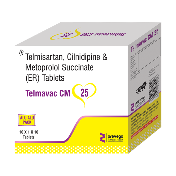 TELMAVAC CM 25 Tablet is a combination of medicines used to treat hypertension (high blood pressure) when a single medication is not effective. It helps to lower high blood pressure thus reduces chances of future heart attack and stroke.