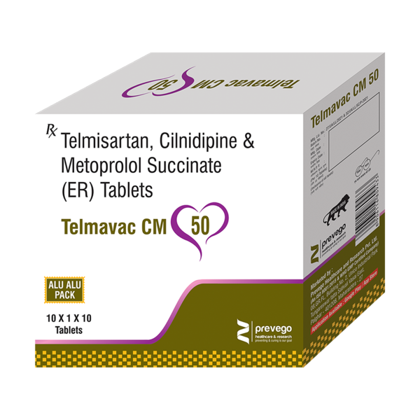 TELMAVAC CM 50 TABLET is a combination of Cilnidipine, Metoprolol and Telmisartan which belongs to the group of medicines called Antihypertensive agents. It is used to treat hypertension (high blood pressure). It can also be used to reduce the risk of heart attack (myocardial infarction), stroke, chest pain (angina) or uneven heartbeat (arrhythmia).