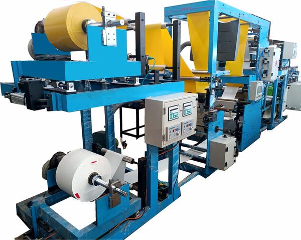 Machine Specification:This machine will make rolls of 300 mm (Max.) with 30 gsm hot melt coating.Process: All processes will be run inline.PVC film Printed with Gravure process.2 rolls of Silicon paper of 290 mm will be coated with Hot Melt of 30 gsm.And Lamination (transfer of HM on PVC) of Si papers & 0.270mm PVC film.Hole Punching, Perforation and Cutting of Si papers laminated to PVC rolls in set of 25(setable) pcs. Machine Type: Die coatingMax. Size of coating: 300mm, GSM: 15 to 65Max. Speed of coating : Speed 15 mpm @30gsmM/c specifications:Unwind 1: ( 2Sets)To hold 310 mm max. width material. (Si Paper)450 mm Dia. Max.76 MM core ID.Powder BrakeWeb GuideUnwind 2:To hold 300 mm width material. (PVC of 0.27mm)450 mm Dia. Max.76 MM core ID.Powder BrakeWeb GuideCoating Station: Die coating (2 Sets)Accurate Temp. Control.All silicon rolls dynamic balanced.Back up roller Pneumatically operatedLamination Nip:Dynamic balanced Metal roll & Silicone rollOperation & pressure PneumaticDrive to the nipCutting:A accumulator provided for the coated materialTo punch 1 hole of 5 mm and Perforation line for easy tear.Pneumatically cut to the set size. Permelter: (2 Sets)Tank capacity 20 Lit.Melting Capacity 8 Lit/hrliquid tank capacity 5 Lit.Pump Capacity 0.4 Lit/MinAccurate Temp. Control.Accurate flow controlHot melt Hose (2 Sets)To Supply 0.4 Kgs/hrLength 2 mAccurate Temp. Control.8. DIMENTIONS: 4 m X 2 m X 2 m9. Total Electrical Load : Motors 7 HP, Heaters 7.5 KW