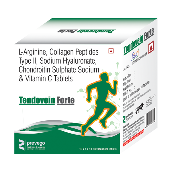 TENDOVEIN Forte Tablet is a dietary supplement containing collagen as the key ingredient that can be beneficial for joint health and flexibility. Collagen is the major component of connective tissue in the body and is essential for the skin, muscles, tendons, etc. This tablet helps to relax the blood vessels in individuals with blood pressure conditions and aids in strengthening immunity.
