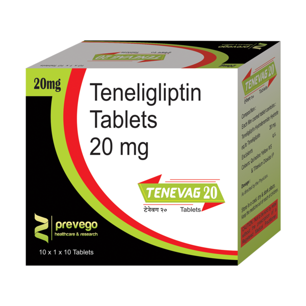 TENEVAG 20mg Tablet is a medicine used to treat type 2 diabetes mellitus. It is used together with a healthy diet and regular exercise to control blood sugar levels. This helps to prevent serious complications of diabetes like kidney damage and blindness.