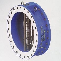 dual plate check valve (KIRLOSKAR Make) in Mumbai, Maharashtra, India.The dual disc check valve is a non-return or retainers check valve. The valve allows the medium to flow in one direction only and prevents the flow of fluids in the opposite direction. The valve works in an automatic system that contains an articulated mechanism.