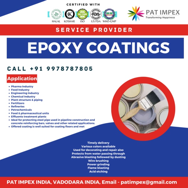 We have established ourselves as the leading enterprises actively committed towards providing Epoxy Flooring. The offered service is used in numerous industrial applications for providing an excellent quality solvent free coating. The provided lining is suggested for air crafts, sugar mills, textile mills etc. Our professionals interact with our patrons and in tune with their requirements and execute excellent service. Moreover, the provided lining is highly efficient and is carried out in complete line with industry standards.The offered Epoxy Floor Coatings is suitable for industrial floors where we need a hard wearing, & dust free environment like hospitals & electronic assembly plants. This floor coating is processed using supreme class ingredients as per the set industry norms. Customers can avail this floor coating within promised time frame from us in various quantities.Excellent Self Levelling PropertiesExcellent Adhesion PropertiesHigh Mechanical StrengthHigh GlossGood Abrasion ResistanceEasily Cleanable & Low MaintenanceTimely deliveryVarious colors availableUsed for decorating and repair alsoProtects from water passing throughAbrasive blasting followed by dustingWire brushingPower grindingFlame blastingAcid etchingApplications in Plant structure & pipingFertilizersRefineriesPetrochemicalsHospitalsClean Room Pharma IndustryFood & pharmaceutical unitsEffluents treatment plantsIdeal for protecting steel pipe used in pipeline construction and concrete reinforcing bars, valves and other related applications.Offered coating is well suited for coating floors and metals.Hygienic - It provides a jointless flooring making it dust free & easy to cleanChemical resistance - It has excellent chemical resistance to most chemicalsWear resistance - It provides a tough floor topping to withstand foot & light vehicular trafficGood abrasion resistance & good UV stabilitySurface preparing by removing of dust, oil, grease, unwanted cements etc. through heavy duty grinding machine for exposing the micro pores on concrete.Filing of control joints, holes and uneven surface through epoxy mortar