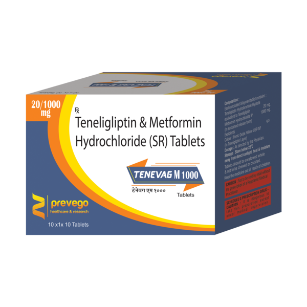 TENEVAG M 1000mg Tablet is a combination of two medicines that control high blood sugar levels in people with type 2 diabetes mellitus. This helps prevent serious complications of diabetes such as kidney damage and blindness and may also reduce your chances of having a heart attack or stroke.