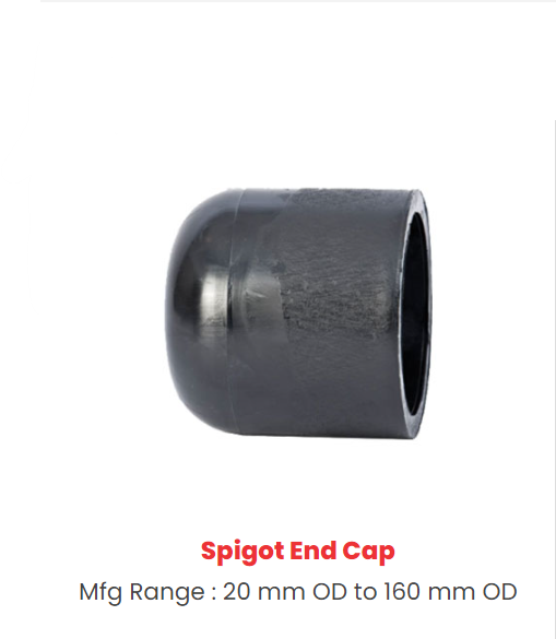 An HDPE (High-Density Polyethylene) spigot end cap is a type of pipe fitting used to close or seal the end of an HDPE pipe. HDPE is a durable and versatile plastic material commonly used in various piping and plumbing applications. The term
