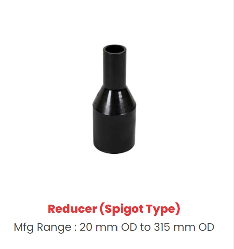 An HDPE (High-Density Polyethylene) spigot reducer is a specific type of spigot or male-female pipe fitting used in HDPE piping systems to connect two pipes of different diameters. The primary purpose of an HDPE spigot reducer is to transition from a larger-diameter HDPE pipe to a smaller-diameter HDPE pipe, or vice versa, while maintaining a secure and leak-resistant connection.Here are the key features and aspects of an HDPE spigot reducer:1. **Material**: HDPE spigot reducers are typically made from high-density polyethylene, a type of plastic known for its exceptional durability, chemical resistance, and corrosion resistance. HDPE is a common material for various applications in the piping industry.2. **Design**: The HDPE spigot reducer has a tapered design, with one end having a spigot or male section that fits into the larger-diameter HDPE pipe, and the other end having a socket or female section that accommodates the smaller-diameter HDPE pipe. This design allows for a secure, sealed connection between pipes of different sizes.3. **Connection**: Spigot reducers in HDPE piping systems are typically joined to the pipes using fusion techniques. Butt fusion is a common method for connecting HDPE pipes and fittings, which involves heating the pipe ends and the spigot reducer to melt the material, and then fusing them together as they cool. This results in a strong, homogeneous joint.4. **Applications**: HDPE spigot reducers are used in a variety of applications, including water supply and distribution systems, wastewater management, industrial processes, and agricultural irrigation. They are crucial for adapting pipe sizes within HDPE pipelines, ensuring the efficient and reliable flow of fluids.In summary, an HDPE spigot reducer is a specific type of pipe fitting designed for use in HDPE piping systems to transition from a larger-diameter HDPE pipe to a smaller-diameter HDPE pipe or vice versa. These fittings are essential for maintaining the structural integrity and leak resistance of HDPE pipelines while accommodating changes in pipe size.