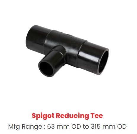 An HDPE (High-Density Polyethylene) spigot reducing tee is a type of pipe fitting used in HDPE piping systems to create a branching intersection between three pipes of varying diameters, with one of the branches having a different size than the others. The term