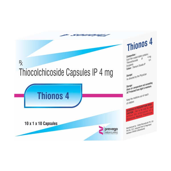 THIONOS 4mg Capsule is a muscle relaxer. It provides relief from the discomfort associated with acute, painful musculoskeletal conditions such as rigidity, tension, stiffness, and muscle spasms.