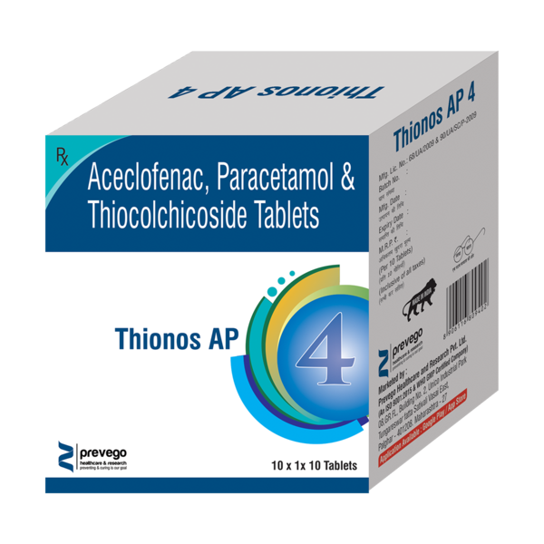THIONOS AP 4 Tablet is a combination medicine that helps in relieving muscular pain. It works by blocking the release of certain chemical messengers that cause pain, inflammation, and fever. This improves the movement of muscles and provides relief from pain and discomfort.