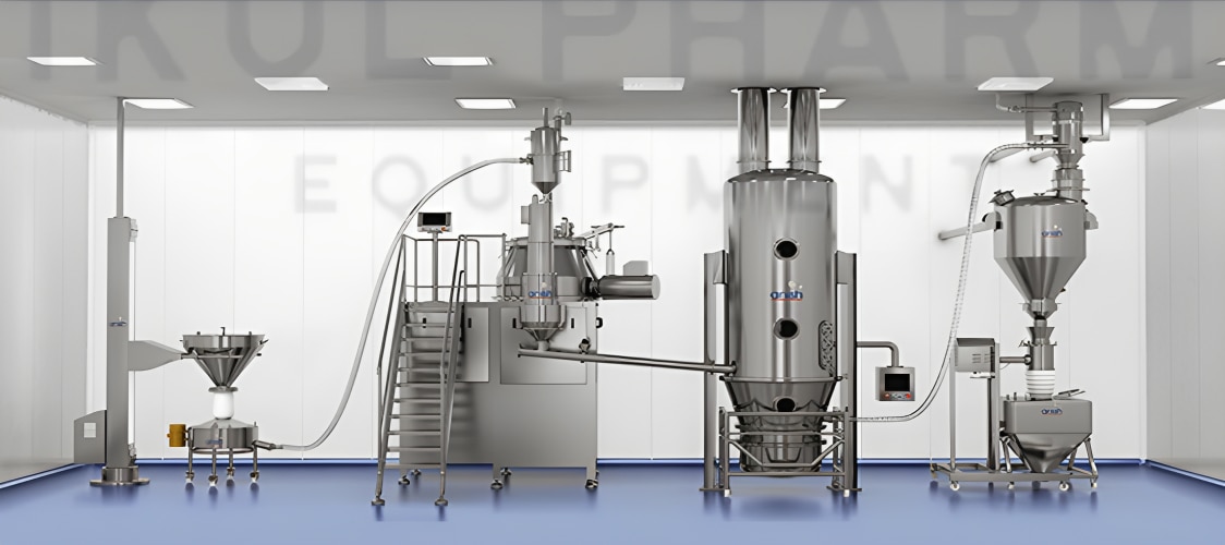 Nikul Pharma Integrated granulation lines as per current Good Manufacturing Practices requirements that product is fully contained during processing to protect operated and environment. Also improved productivity through closed material transfer, automation, increased yields and efficient cleaning procedures.* An integrated granulation line for solid dosages available from 2 Liter to 1200 Liter working capacity.* Closed process technology for grading, mixing, granulating drying, milling, blending & tableting.* Reduced need of cGMP space.* Reduced amount of transfer operations.* Reduced need of operation and operation cost.* Higher yiedl* Better containment for highly potent materials.* Material transfer by vacuum transfer system* Sophisticated PLC Controls with HMI Touch Screen.