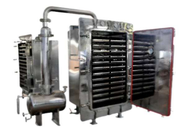 The vacuum shelf dryer is basically a tray dryer working under vacuum conditions. Its use vacuum to pump air and humidity out from the closed heat chamber due to vacuum making the chamber on the vacuum state thus increased drying rate greatly and saved energy. The boiling point of the material to be brought down for drying and the entire system is in closed loops so, no contamination occurs. The evaporation's evolved during the drying process is cooled down through a connected condenser and collected in receiver.* Vacuumize shelves drying on low temparature system for high toxic. Hygroscopic & heat sensitive materials.* Vacuumize closed system can be with condenser, Receiver for solvent recovery.* Very low value of final moisture even at low drying temperatures.* Safety Features :- Vacuum relief valve, Safety pressure relief valve, Temperature Controller & Overload protection.* Option for heating media can be steam / hot water / hot thermic fluid.* Capacity - 6 trays to 96 trays.