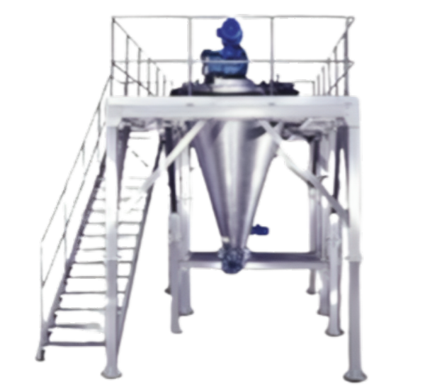 The conical mixer can be equipped with a high speed rotor for liquid addition or de-lumping product. Rotating up to 20m/s, this rotor creates vortex effect and injects the liquid through the paddles directly in the product resulting in an excellent dispersion or coating. By spraying the liquid in the mass itself in a vortex, we avoid over-moistening or particles and risk of sticking phenomena on the vessels. This intensifier can replace several lump breakers.* Gentle mixing of free flowing and segregative powders, pastes and liquids.* Addition of liquids of powders by means of spray nozzle or intensifier.* Intensive dispersion of liquids and solids by means of the intensifier.* Granulation by moisture addition.* Heating and cooling* Drying by means of heat input in combination with vacuum and possible liquid recovery.* Capacity - Capacity 50Kg to 1000Kg.