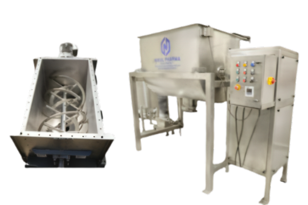 Ribbon Mixers are a specific type of powder blenders that consist of 2 parts mounted on a central shaft. The mixing often consists of inner and outer helical ribbons that are designed to move material both inwards and outwards. Ribbon blenders get there name from the ribbon agitator that makes up part of their design. A U-Shaped horizontal trough makes up the rest of the structure of a ribbon blender. The ribbon agitator within the blenders is made up of a set of inner and outer helical blades.

* Blending of a large number of dry solids.
* Drying of powdered mateirlas suitable for wet phase mixing.
* Mixing of drugs, cosmetics, and various chemicals.
* Dry blending of capsule ingredients.
* Lubrications of dry granules and pellets in large quantities.
* Coating of solid particles with liquids to produce a suitable formulation.
* Capacity - 10Kg to 5000Kg

