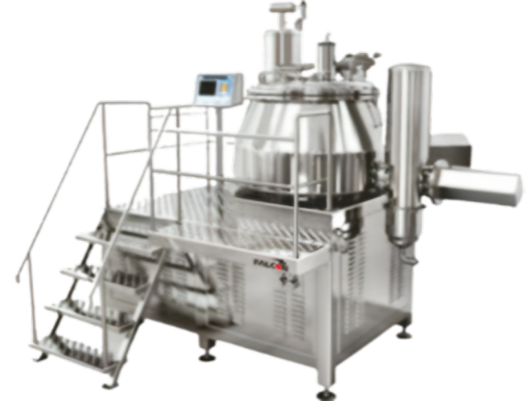 A high-shear granulator consists of a cylindrical or conical mixing bowl, a three-blades a chopper, an auxiliary chopper, a motor to drive the blades and a discharge pot. By either circulating hot or cool liquid or steam through the jacket, the mixing bowl is jacketed for heating or cooling the contents of the bowl as the case may be. The high-shear wet granulation process using high-shear granulator can be divided into 5 stages and they included :-

* Internal and External surfaces of mixing Bowl, Mixing bowl Cover, Impeller, Granulator, and discharge chute constructed in SS 304/316L
* Numatic Operated Lid Lifting
* Parts easy to dismantle, clean and re-assemble
* Pneumatics pre-tubed
* Gaskets of Teflon / Silicon
* Bowl surface finish of 0.3RA (Inside / Outside)
* ATEX Complaint option availble
* Customized capacities available
* Capacity 5 Liter to 750 Liter